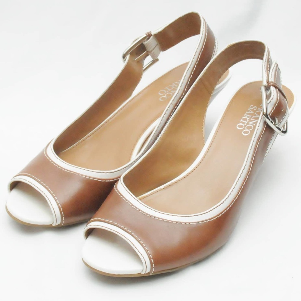 Franco Sarto Brown & White Slingback Peep Toe Sandals 6.5